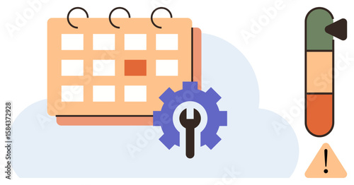 Calendar with wrench icon for settings, task management in cloud. Risk meter highlights priority. Ideal for workflow, deadlines, planning, productivity, analysis project risk. Simple flat metaphor