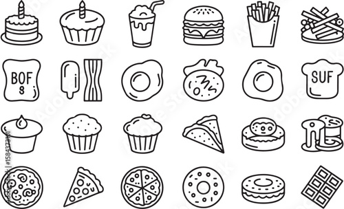Birthday cake cupcake milkshake hamburger french fries bacon fried egg taco donut chocolate bar pizza