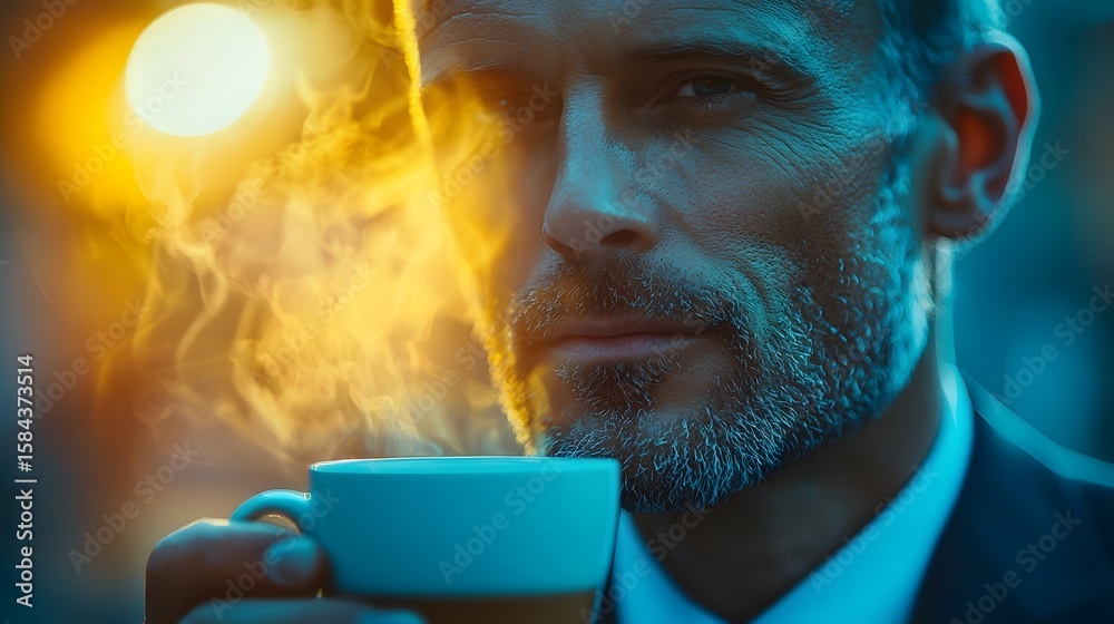 A thoughtful businessman reflects in his coffee cup A thoughtful businessman reflects in his coffee cup