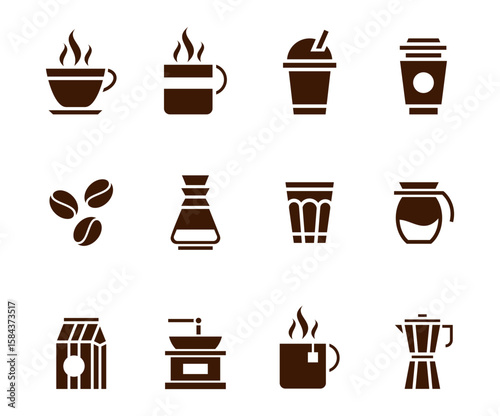 Coffee Icon Vector Silhouette Set with French press, cocktail, paper packaging, takeaway cup, moka pot, cezve, espresso, cappuccino, coffee machine, and coffee grinder.