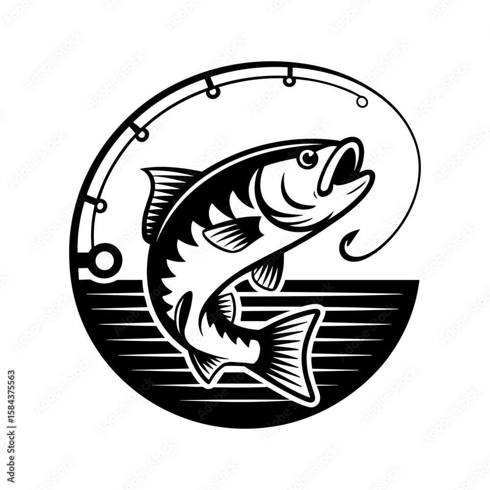Naklejka premium Jumping fish with fishing hook and rod. Black and white angling illustration. 