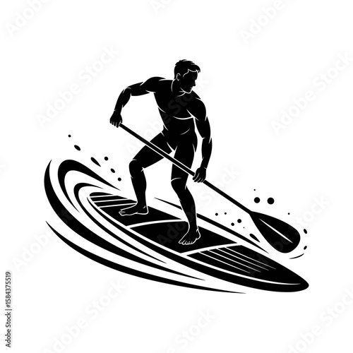 Paddleboarding man silhouette. Vector surf sports design in black and white