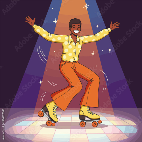 Cartoon roller skater in a yellow polka dot shirt and orange pants gliding on a vibrant disco floor under spotlights.