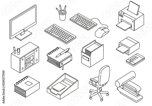 Isometric illustration of various office supplies and equipment arranged in a grid.