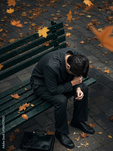 In the fall, a man sits with his head hung low, hunched over a bench, resting his hand on his forehead, a briefcase on the floor tiles, cigarette butts and dead leaves strewn beside him.