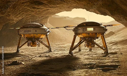 Space Exploration: Two Planetary Landers Positioned Near Cave Entrance on Mars Surface