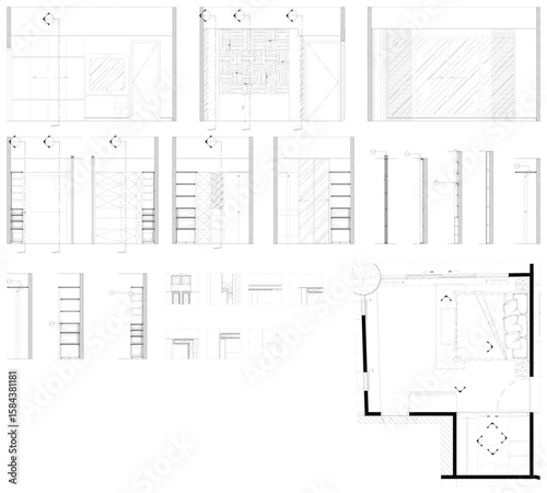 Interior Drawing Set - Bedroom and Walk-in Closet Layout with Elevation and Section Detail Vector