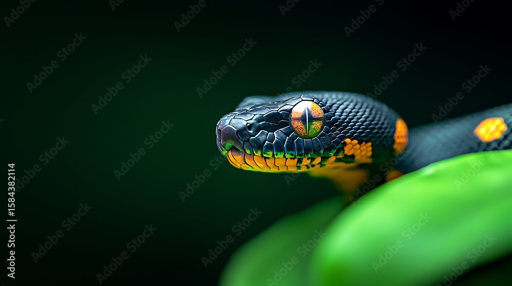 Fototapeta premium Close up of a black snake with orange spots and striking yellow eyes