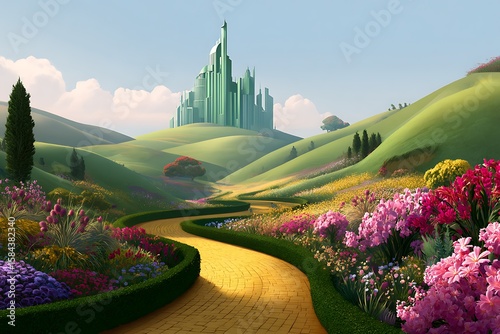 Emerald city beckons down the yellow brick road through a blooming meadow