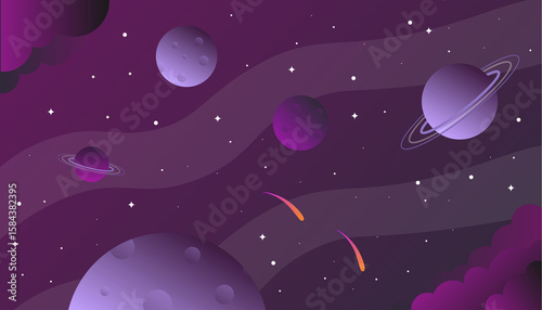 Purple Galaxy Flat Vector Illustration with Planets, Stars, and Space Elements