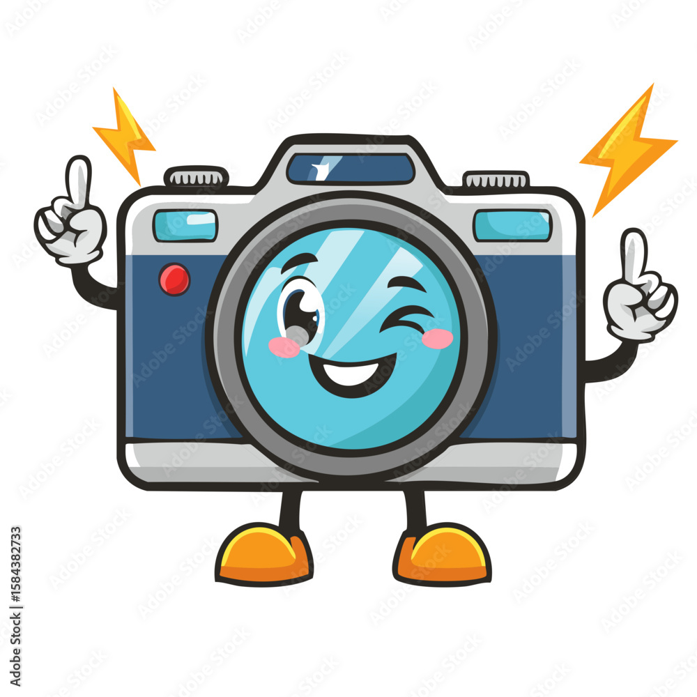 Obraz premium Winking Cartoon Camera Character with Flash Lightning Bolts and Happy Smiling Expression