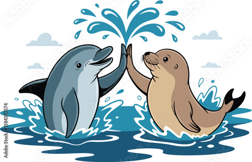 Dolphin and seal giving high five in ocean water splash