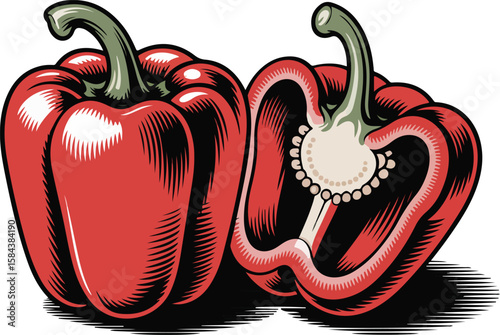 Close-up of ripe red bell peppers, one whole and the other cut in half, in an artful, illustrative style