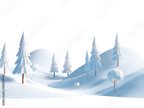 Stylized Winter Landscape with Snowy Hills and Evergreen Trees in Low Poly Design Against a Transparent Background Featuring Bright Sunlight and Geometric Shapes, PNG