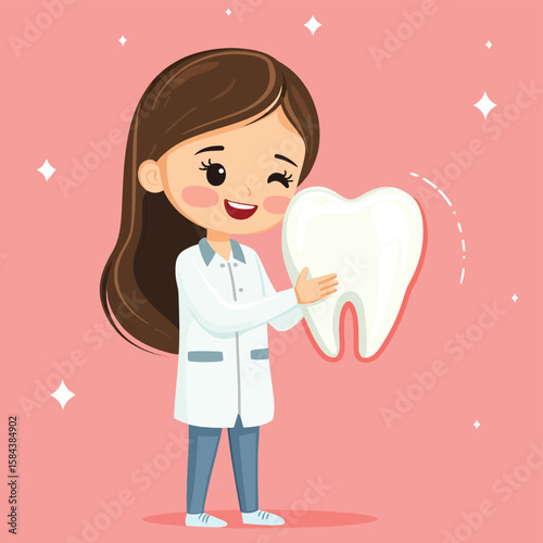 Toothache. The dentist treats the tooth. Caries, pulpitis, vector style simple color