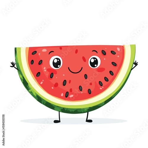 Watermelon with arms and legs on a white background. A piece of watermelon with a face, vector style simple color