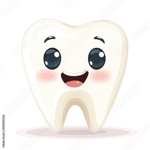 A healthy, cute tooth with a smile on a white background. Stomatology, vector style simple color