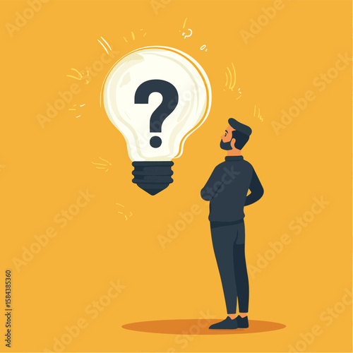 A man is looking for a new business idea. A light bulb and a question mark. Brainstorming, vector style simple color