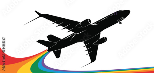 Silhouette of a modern passenger jet airplane flying with a vibrant rainbow trail