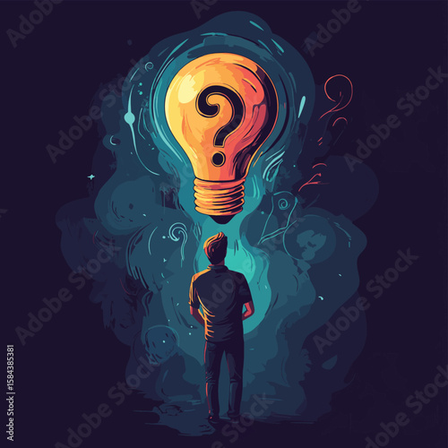 A man is looking for a new business idea. A light bulb and a question mark. Brainstorming, vector style simple color