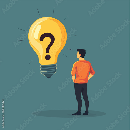 A man is looking for a new business idea. A light bulb and a question mark. Brainstorming, vector style simple color