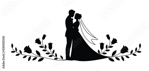 Elegant silhouette of a bride and groom embracing amidst floral embellishments