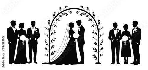 Wedding ceremony silhouette of bride and groom under floral arch with wedding party