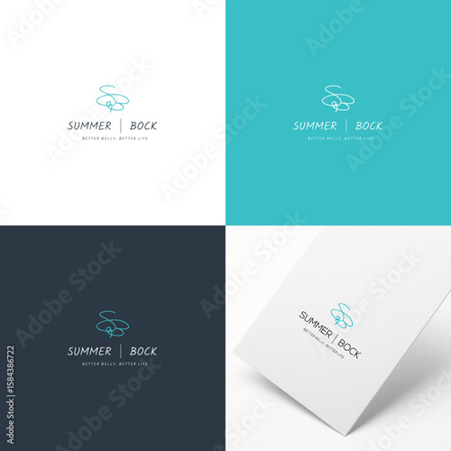 Four logo presentations showcasing a stylized SB design with the name SUMMER  BOCK and tagline BETTER BELLY BETTER LIFE in varying color schemes