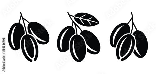 Stylized black icon set of three clusters of dates on branches