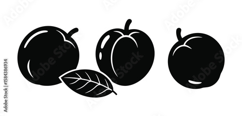 Three black silhouette plums with a single leaf on a white background