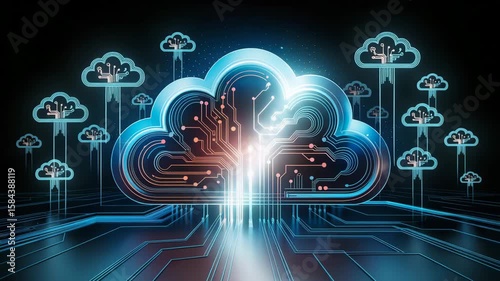 A cloud computing technology concept illustrates the delivery of computing services over the internet, enabling flexible resources, scalable solutions, enhanced collaboration for users and businesses.