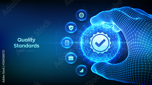 Quality. ISO standards quality control assurance warranty. ISO standardization certification business concept. Quality icon inside glowing sphere in wireframe hand. Vector illustration.
