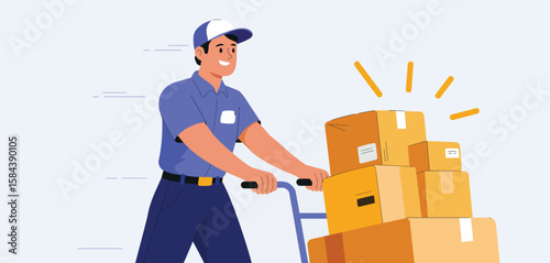 Happy Delivery Man Pushing Cart of Packages
