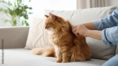 Fluffy ginger cat being brushed on a couch
