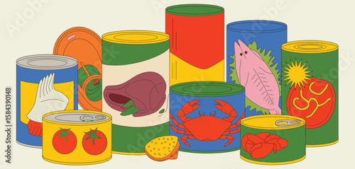Colorful Canned Food Illustration Stacked for Grocery Design