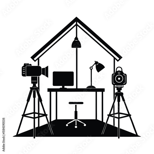Home studio setup with mic camera and lighting for content creation and remote meetings