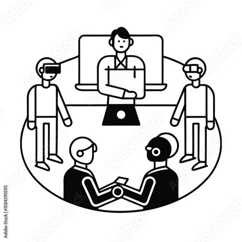 Hybrid business meeting with vr technology and remote devices for future work scenario vector line art on white background