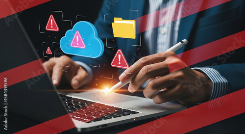 Man using laptop with cloud and warning symbols indicating data security risk
