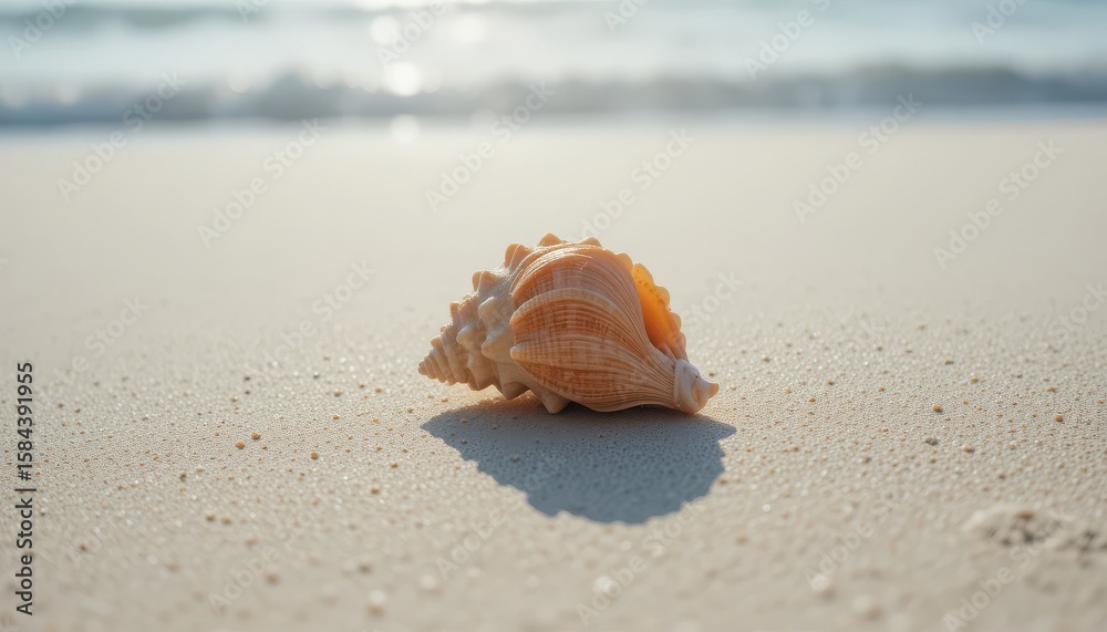 Solitary conch shell resting on pristine sand with a soft focus ocean background, capturing serene beach vibes and natural beauty. Solitary conch shell resting on pristine sand with a soft focus ocean background, capturing serene beach vibes and natural beauty.