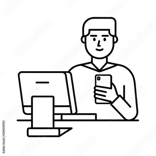 Multitasking with mobile phone and desktop for remote work productivity and time tracking vector line art on white background