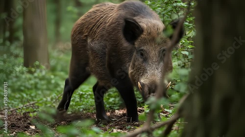 Wild boar traversing lush forest undergrowth, showcasing animal wildlife in their habitat