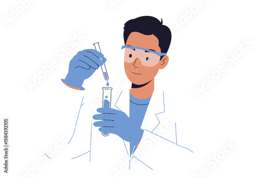 Scientist in a lab coat and goggles conducting a chemical experiment with a test tube and pipette, representing the concept of scientific research and discovery.