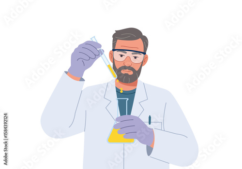 Bearded male scientist in a lab coat and safety goggles conducting a chemical experiment, using a pipette to transfer liquid into a flask.
