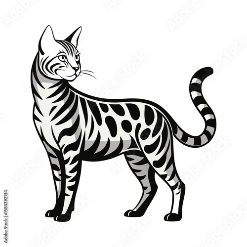 Stylized bengal cat with spots and stripes isolated on white background