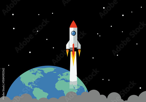 Rocket ship launching from planet Earth into space. Flat design illustration of a spaceship mission and startup concept.