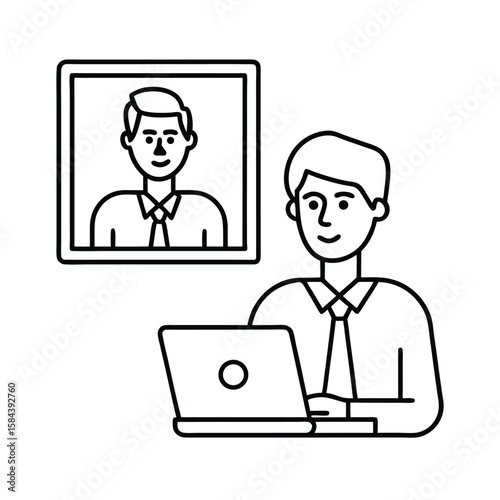 Remote hr manager conducting video interview from tidy home office with laptop vector line art on white background