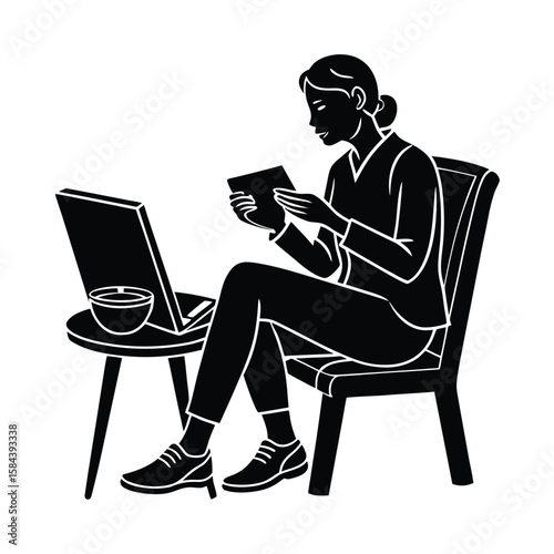 Remote worker enjoying lunch break while checking messages and drinking smoothie vector silhouette on white background