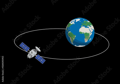 Communications satellite in an elliptical orbit around planet Earth. A concept of global technology, data transmission, and space exploration.