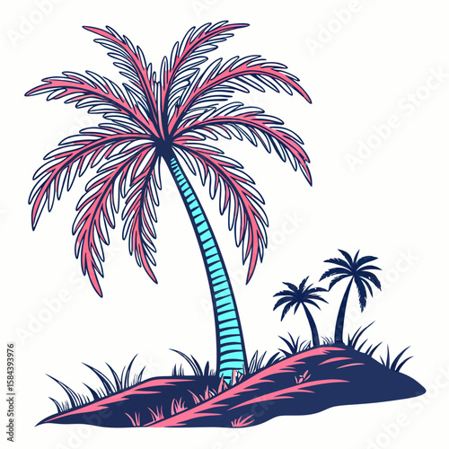 Neon palm tree with glowing trunks and leaves, white background

