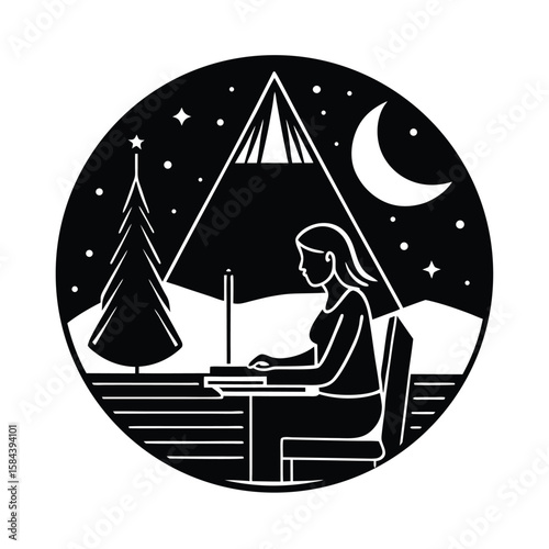 Woman working remotely at night with warm lights and organized home setup vector silhouette on white background